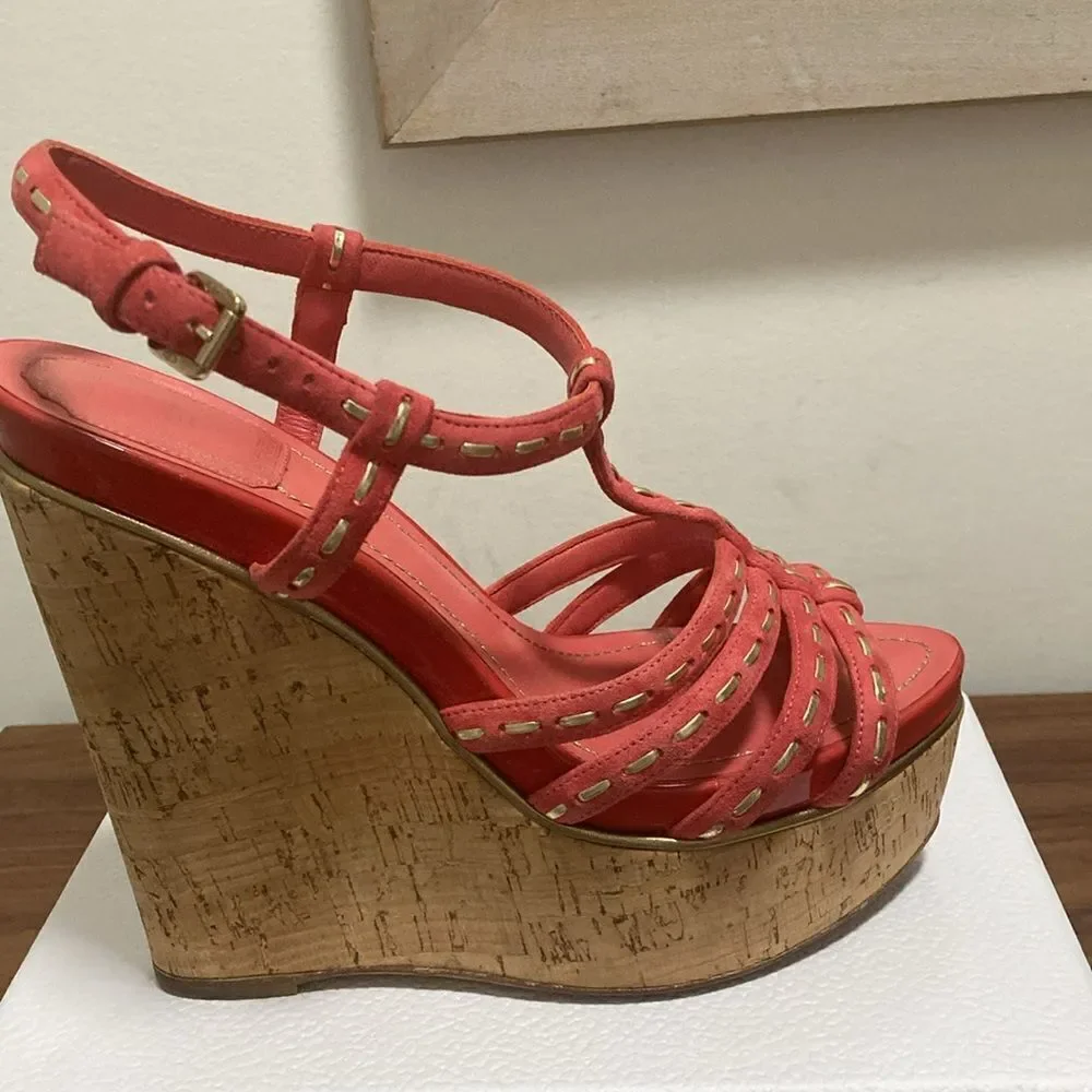 Dior Coral Leather Cork Platform Sandals with Gold Stitching